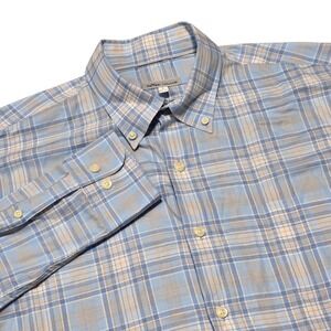Peter Millar Men's L Button Down Shirt Long Sleeve Plaid Blue Tan Cotton‎ Casual